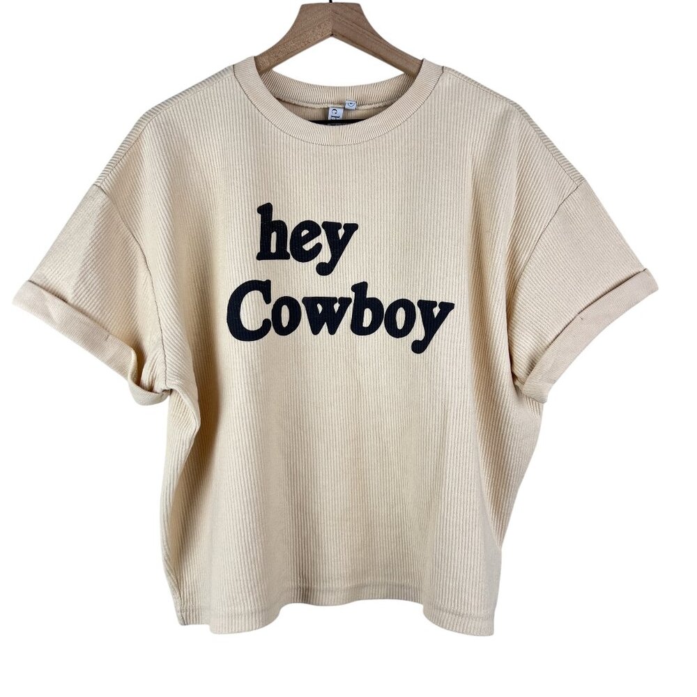 Chicka-d Cream Ribbed Crew Neck Hey Cowboy Boxy Top